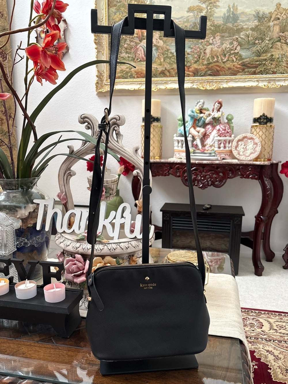 kate spade black pebbled leather crossbody with gold-tone logo